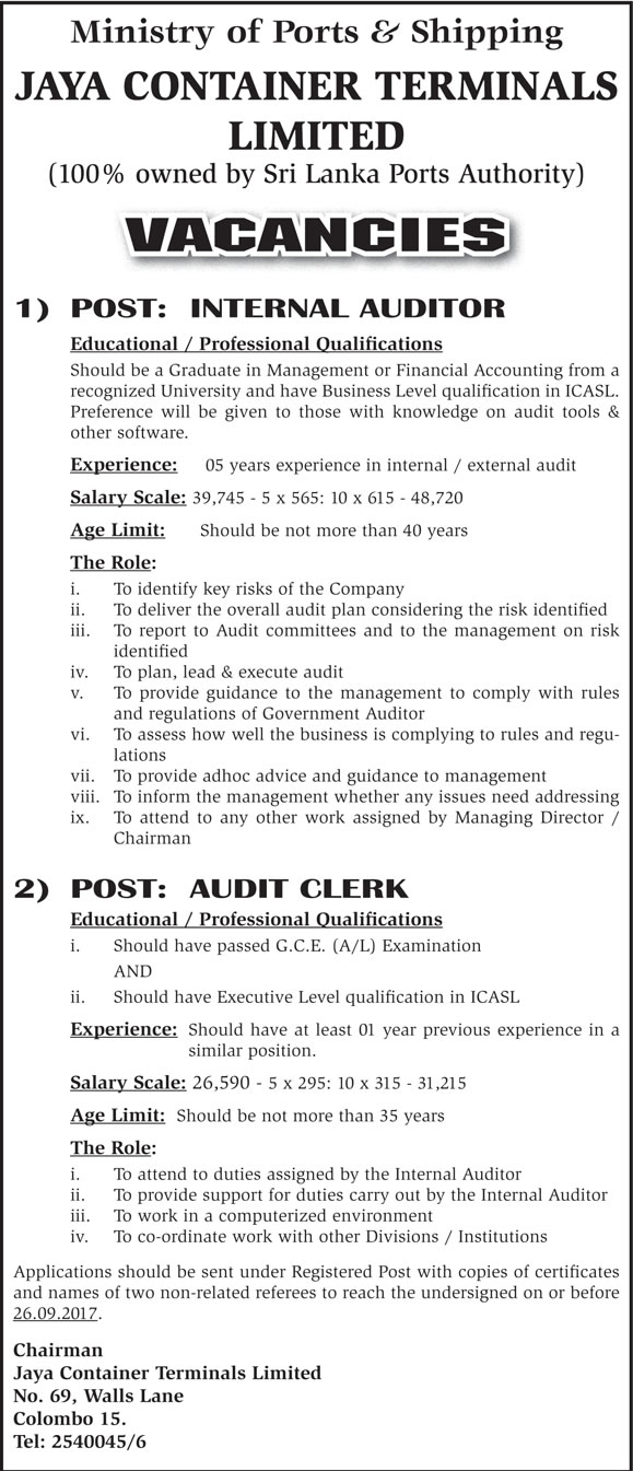 Internal Auditor, Audit Clerk - Jaya Container Terminals Ltd - Ports Authority